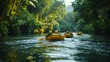 © Old Man Stocker - Kayaking in Tropical Rainforest. Group of adventurers kayaking through a serene tropical rainforest river surrounded by lush greenery.