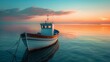 Fishing Boat at Sunset. A calm sea reflects a fishing boat under a pastel sunset sky, conveying tranquility and beauty in nature.