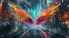 Fiery Wings In Neon Cyber City Illustration. Artistic Depiction Of Burning Wings In A Digital Metropolis. Colorful Wings Concept In A Futuristic Urban Setting.