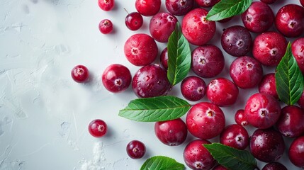 Wall Mural - Ripe, juicy cranberries arranged artistically on a wet surface for culinary presentations. Fresh cranberries with vibrant green leaves on a white backdrop for healthy food advertising.