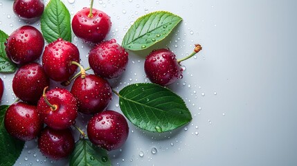 Canvas Print - Juicy red cherries with water droplets on light background. Fresh cherry fruit with green leaves and dew close-up. Healthy ripe cherries with water beads on clean surface.