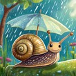 cute snail illustration raining with umbrella in spring