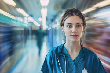 Wall Mural - A portrait of a female health care medical worker, blurred background, motion blur, long exposure, bokeh. Created with Generative AI technology.