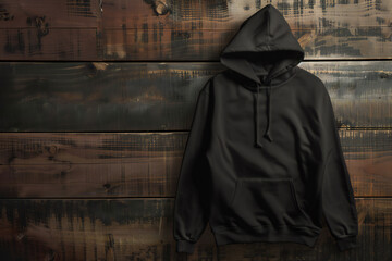 Black hoodie Mockup on wooden background 