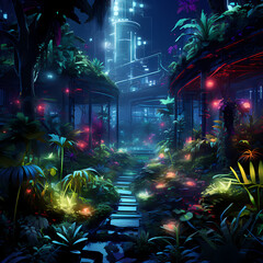 Canvas Print - Cybernetic jungle with neon-lit plants. 