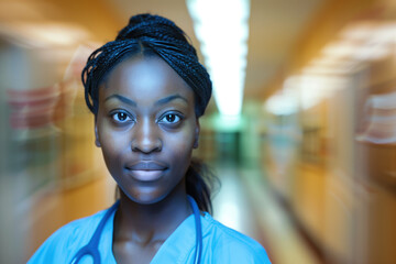 Wall Mural - A portrait of a female health care medical worker, blurred background, motion blur, long exposure, bokeh. Created with Generative AI technology.