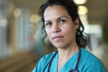 Wall Mural - A portrait of a female health care medical worker, blurred background, motion blur, long exposure, bokeh. Created with Generative AI technology.