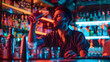 Pensive barman Enjoying a Break with a Drink in Neon Bar: Nightlife Scene