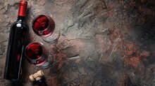 Top View Of Red Wine Glasses And Bottle On Isolated Dark Background, Copy Space. Generative AI Image