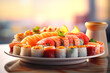Assorted sushi and sashimi platter with fresh slices of salmon, tuna and garnish, served with soy sauce jug