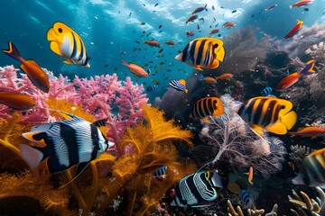 Wall Mural - Dazzling Schools of Tropical Fish Dart Among Vibrant Coral Reefs in a Marine Ecosystem Spectacle