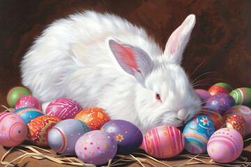 Wall Mural - happy easter!bunny and Easter eggs, basket, Dutch rabbit, domestic rabbit