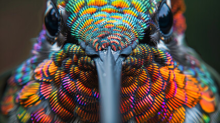 an extreme close-up of a hummingbird's vibrant, iridescent feathers showcasing a mesmerizing array o