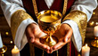Extreme closeup of the hands of a priest holding a golden chalice, cup of wine (blood of Christ), symbolizing the holy sacrament of Communion in Christianity and the connection with God. Generative Ai