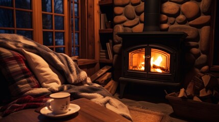 Wall Mural - Cozy cabin pension with hot cocoa and crackling fireplace for a warm retreat