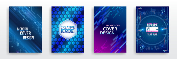 Wall Mural - Futuristic background for flyer, brochure. Scientific cover template for presentation, banner. Set of high-tech covers for marketing. Modern technology design for posters.