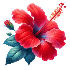 Wall Mural - Red Hibiscus flower with leaves and buds isolated on transparent background PNG Image