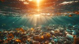 Fototapeta  - Trash contaminated ocean water under bright light highlighting pollution issue