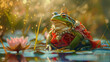 Frog in a princes outfit awaiting a fairy-tale kiss