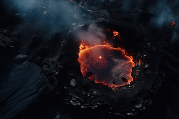 Wall Mural - volcano eruption from a bird view. volcano crater and magma flow shot from above. genertated ai.