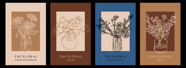Wall Mural - outline floral poster set. flower bouquet in a glass vase or jar. hand drawn vector illustration. el