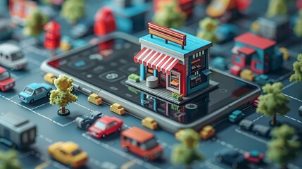 Poster - Shop online. Smartphone online shopping. Low poly wireframe design. Isometric smartphone with awning and shopping icons. Stages of online shopping. Abstract background in blue.