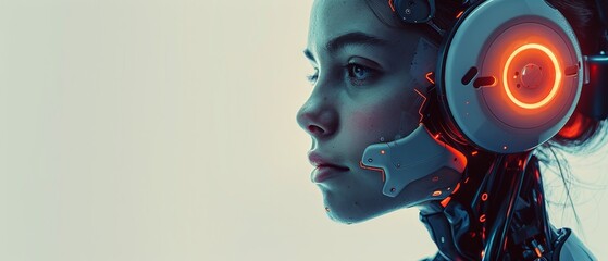 Poster - Humanoid female cyborg avatar chatbot. Round icon of face of AI in image. Logo of online tech support chat bot. Headset with microphone on head.