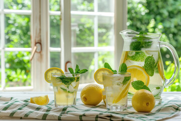 Wall Mural - Fresh homemade lemonade with lemon, mint and ice on the kitchen table next to the window