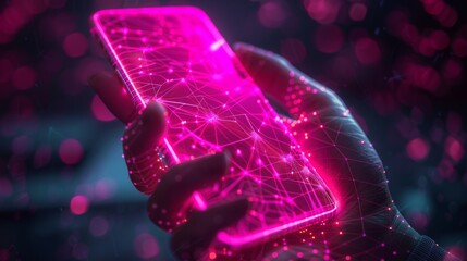 Fototapete - A hand holding a mobile phone with an empty screen. Low poly style design. Geometric background. Wireframe light connection structure. Modern 3d graphic concept. Isolated  illustration.