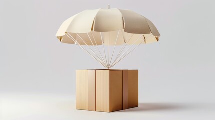Poster - Cartoon creative design icon isolated on white background. 3D rendering of cardboard box with parachute. Fast delivery concept. Parcel airdrop. Cargo delivery service. Cartoon creative design icon.