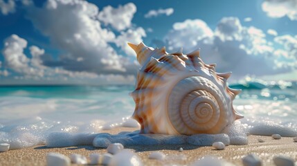 Sticker - A large seashell sitting on top of a sandy beach, AI