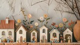Fototapeta Uliczki - A group of miniature houses are displayed on a shelf, AI