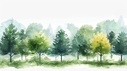 Wall Mural - Watercolor stylized illustration of green forest and trees.