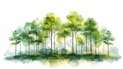 Wall Mural - Watercolor stylized illustration of green forest and trees.