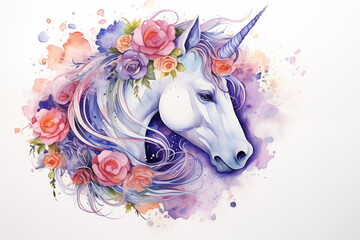  watercolor painting the portrait of vibrant galaxy unicorn, decorated with floral, isolate on clean white background
