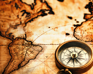 golden compass on an old map.