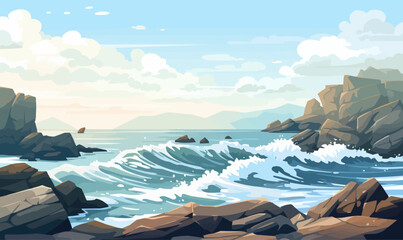 Wall Mural - rocky coastline with crashing waves vector simple isolated illustration