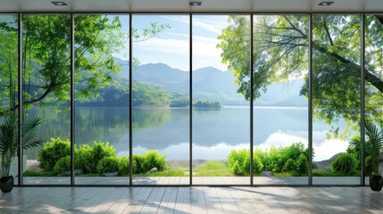 glass window wall view nature theme living room with nature behind glass windows