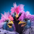 Three multicolored purple hens on a blue background look at the camera in surprise. The concept of fantasy, surrealism.