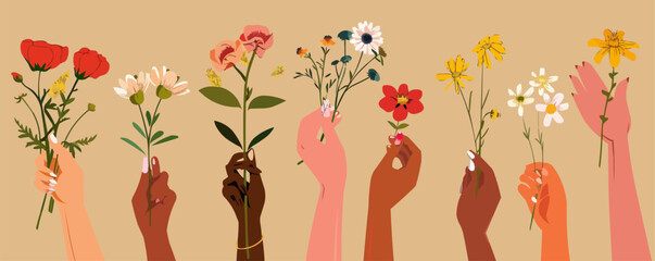 Set of female hands holding beautiful flowers. Different skin colored elegant woman hands isolated. Happy international women's day. Girl power. Feminism. Modern vector illustration in flat style