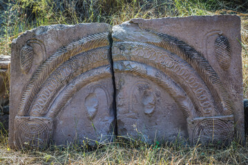 Sticker - Carved stones in Vardzia cave monastery site on a slope of Erusheti Mountain, Georgia