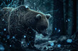 Majestic bear in a dark forest surrounded by glowing lights on the ground, creating a magical atmosphere