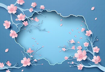 Canvas Print - 3D Paper Cut Cherry Blossoms on Blue Background for Spring and Nature-Themed Designs