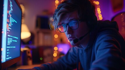 Aufkleber - Focused programmer coding at night in a dark room with illuminated screens. contemporary tech lifestyle image. intense concentration at work. AI