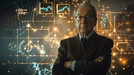 Aufkleber - Senior businessman analyzing digital data on futuristic interface. expert in professional corporate environment. leadership and technology concept. AI