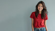 Asian woman wear red t-shirt smile laugh out loud isolated