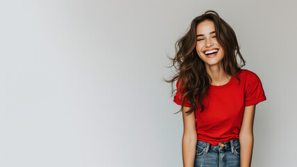 Canvas Print - Brunette woman wear red t-shirt smile laugh out loud isolated