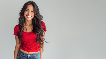 Wall Mural - Hispanic woman wear red t-shirt smile laugh out loud isolated