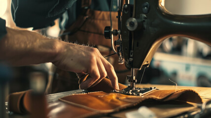 Wall Mural - Artisan's hands meticulously craft leather goods, a testament to skilled craftsmanship.