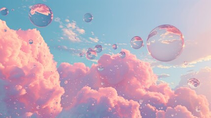 Canvas Print - A cloud filled sky with bubbles floating in the air, AI